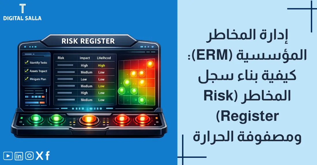 تصميم بعنوان إدارة المخاطر المؤسسية مع رسم لرادار يكشف المخاطر المحتملة حول الشركة.