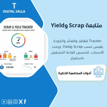 غلاف Scrap/Yield Tracker يوضح تتبع الفاقد ونسب الإنتاجية حسب المنتج والخط مع أسباب الجودة وأثر التكلفة