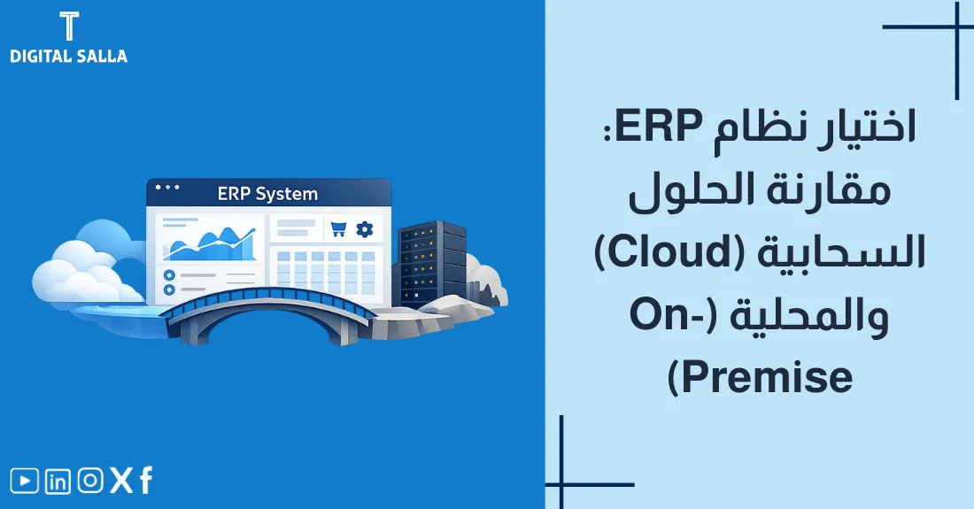 صورة بعنوان اختيار نظام ERP مع رسم يقارن بين سحابة (Cloud) وسيرفر محلي (Server).