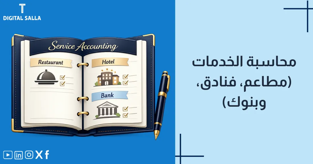 صورة بعنوان محاسبة الخدمات مع أيقونات تعبر عن فندق ومطعم وبنك.