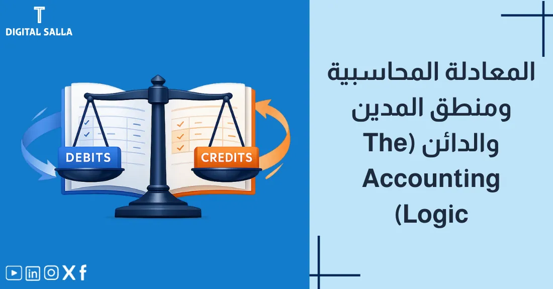 صورة بعنوان المعادلة المحاسبية ومنطق المدين والدائن مع رسم لميزان متساوي الكفتين يعبر عن توازن الأصول والخصوم.