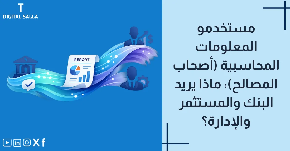 تصميم بعنوان مستخدمو المعلومات المحاسبية مع رسم توضيحي لمجموعة أشخاص تمثل البنك والمستثمر والإدارة.