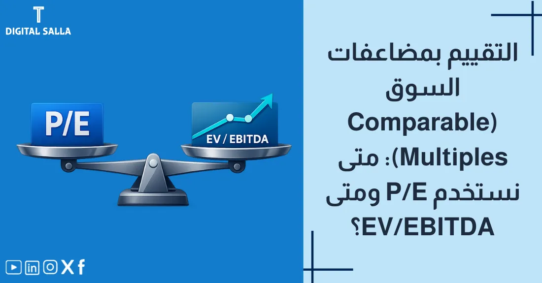 صورة بعنوان التقييم بمضاعفات السوق مع رسم لميزان يقارن بين شركتين متشابهتين في الحجم.