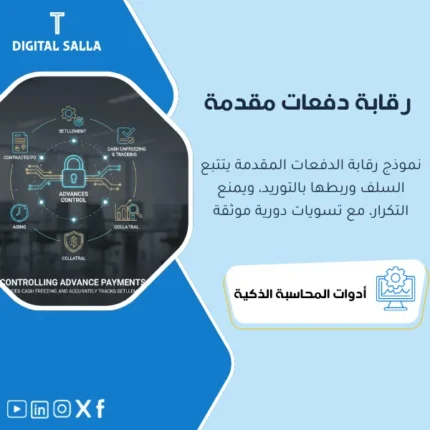 غلاف نموذج الدفعات المقدمة للموردين يوضح ربط الدفعة بالعقد/PO وأعمار الدفعات وتصفية الدفعة على الفواتير