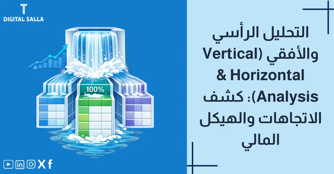 تصميم بعنوان التحليل الرأسي والأفقي مع أسهم توضيحية لاتجاه التحليل على القوائم (طولي وعرضي).